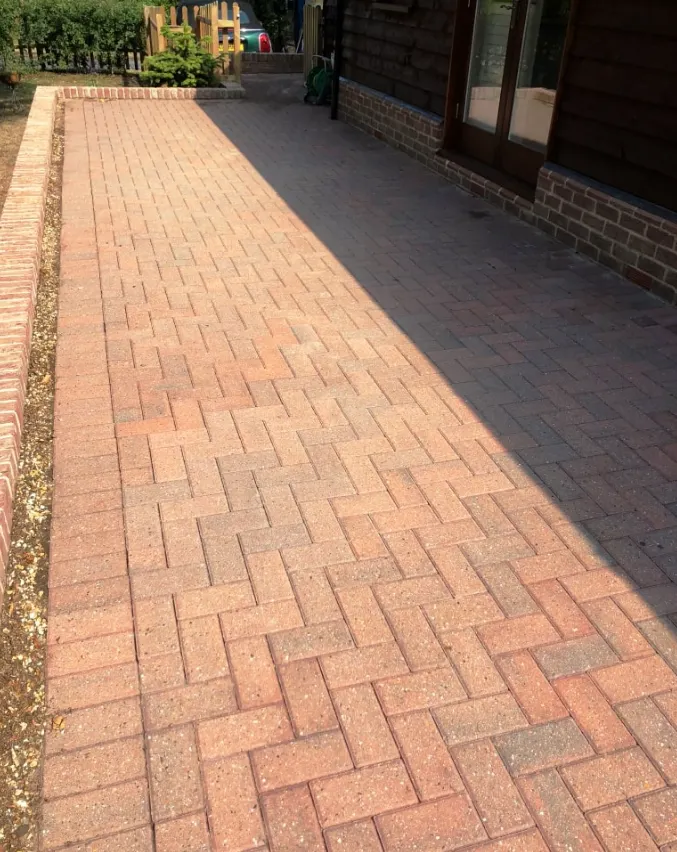 Block paved patio in a Haslemere garden